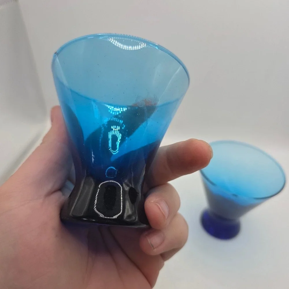 Vintage Cobalt Blue Flared Glass Shot Cordial Glasses Set of 2 Weighted Base